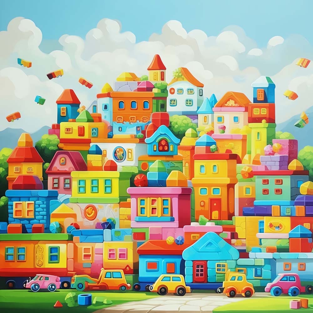 Colourful toy block city cross stitch kit for beginners
