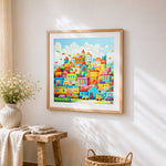 Colourful toy block city cross stitch artwork displayed on wall as home decor