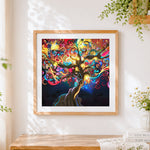 Finished colourful tree of life at night cross stitch artwork displayed