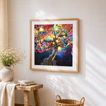 Colourful tree of life at night cross stitch artwork displayed on wall as home decor