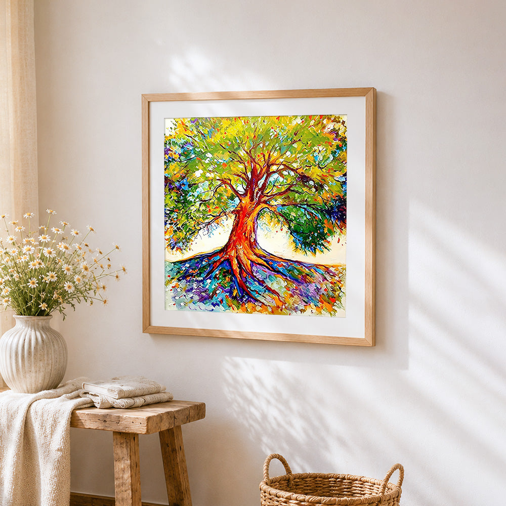 Colourful tree with deep roots cross stitch artwork displayed on wall as home decor