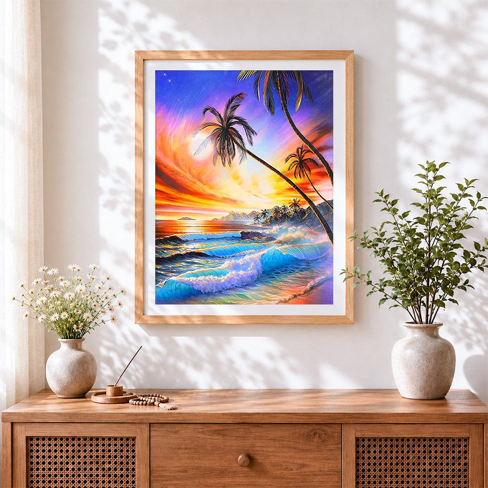 Finished colourful tropical sunset with palm trees cross stitch artwork displayed