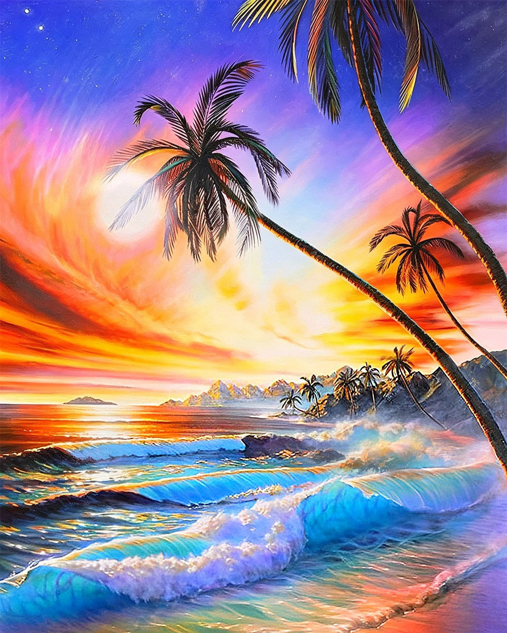 Colourful tropical sunset with palm trees cross stitch kit for beginners