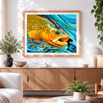 Finished colourful trout fish cross stitch artwork displayed