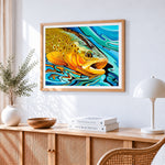 Colourful trout fish cross stitch artwork displayed on wall as home decor