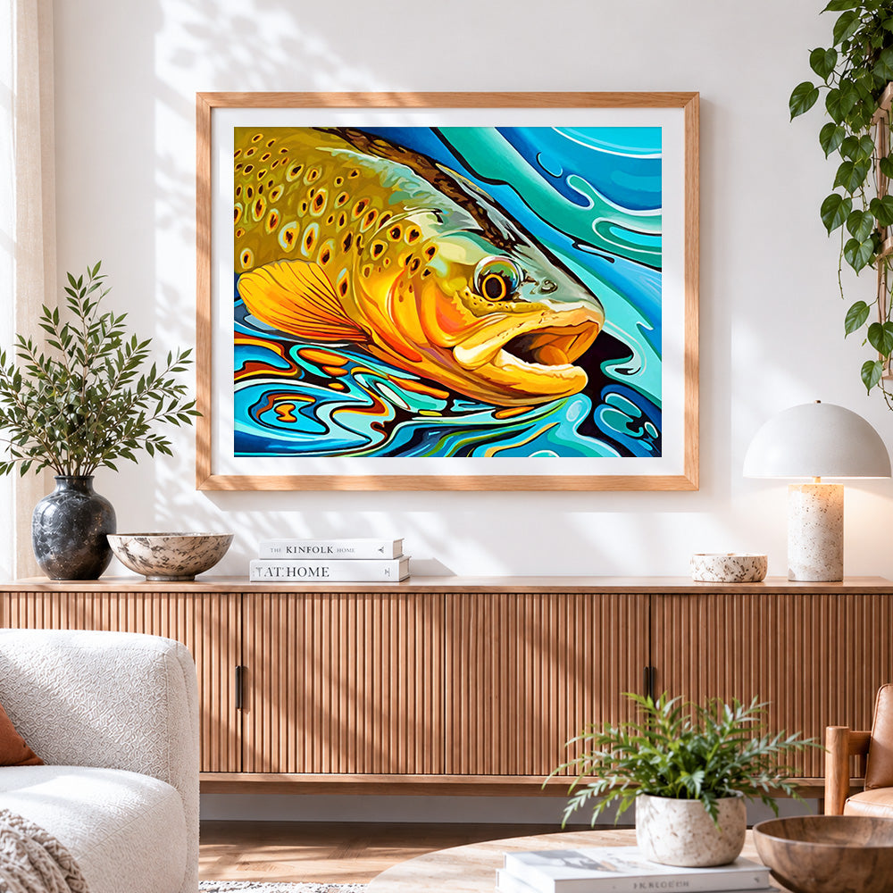 Finished colourful trout fish paint by numbers artwork displayed as home decor