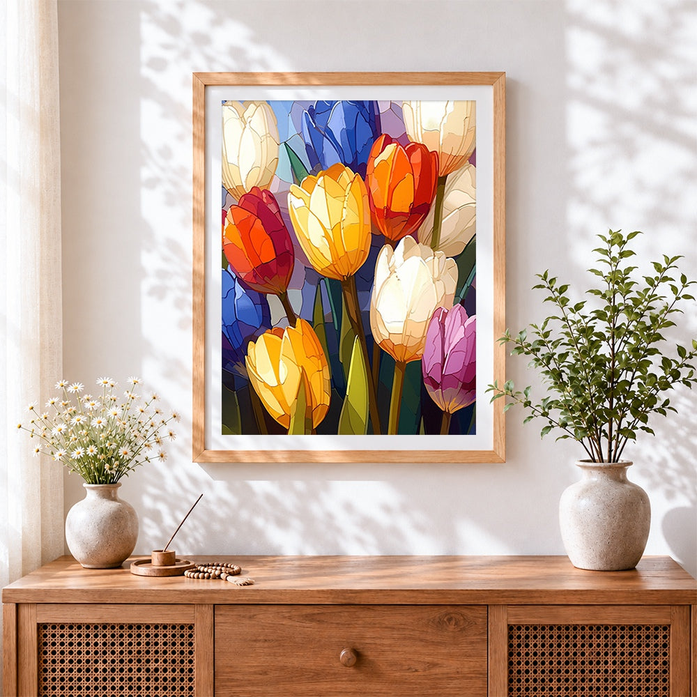 Finished colourful tulips cross stitch artwork displayed