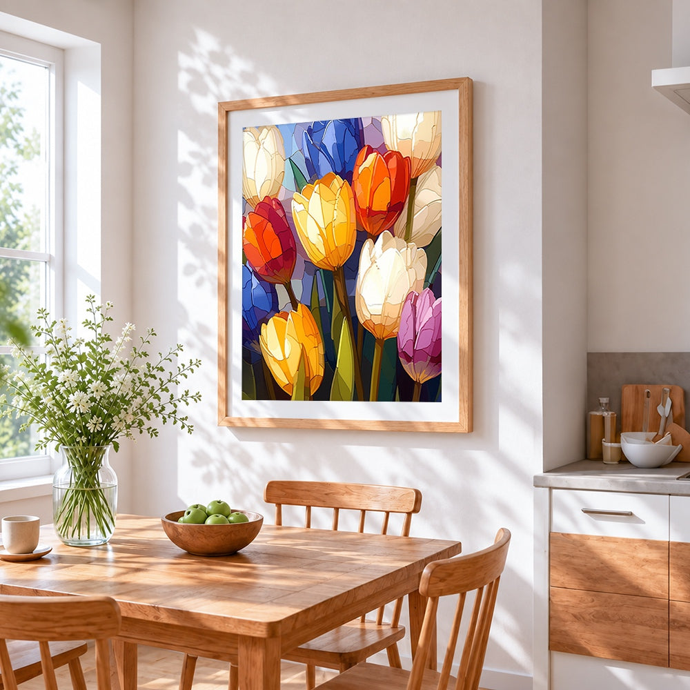 Colourful tulips cross stitch artwork displayed on wall as home decor