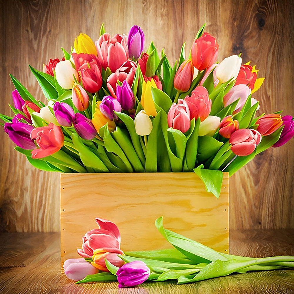 Colourful tulips in a wooden crate cross stitch kit for beginners