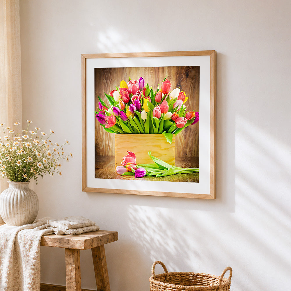 Colourful tulips in a wooden crate cross stitch artwork displayed on wall as home decor