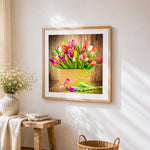 Colourful tulips in a wooden crate cross stitch artwork displayed on wall as home decor