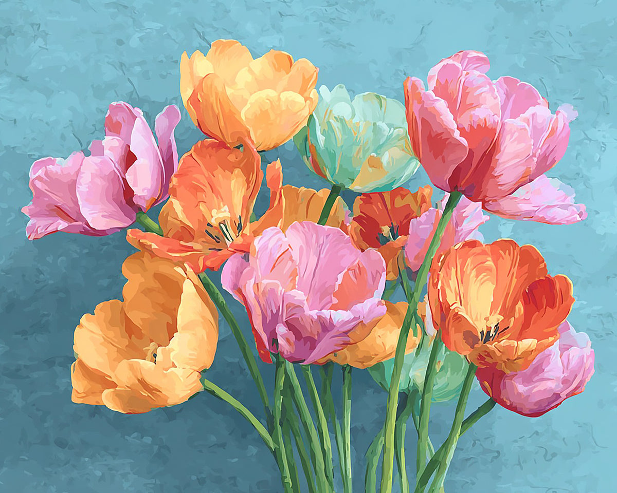 Colourful tulips on a teal background cross stitch kit for beginners