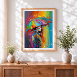Finished colourful umbrella woman cross stitch artwork displayed