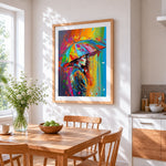 Colourful umbrella woman cross stitch artwork displayed on wall as home decor