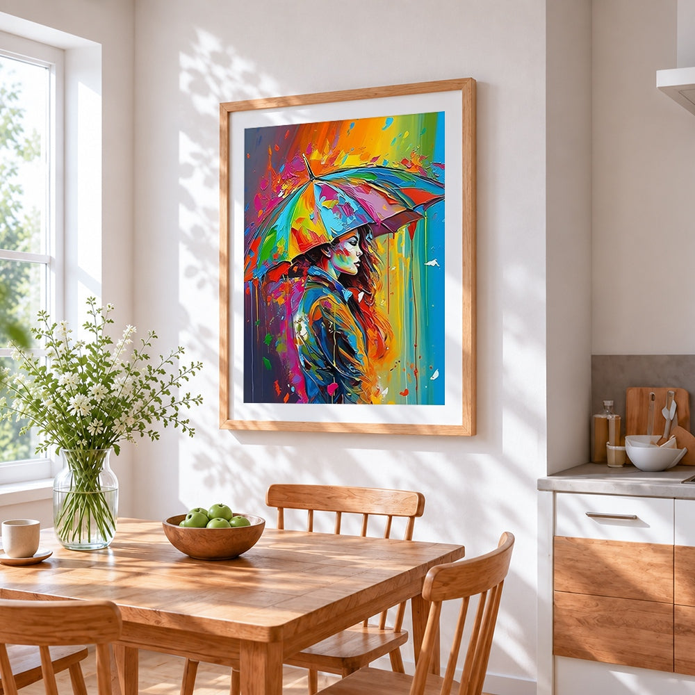 Colourful umbrella woman cross stitch artwork displayed on wall as home decor