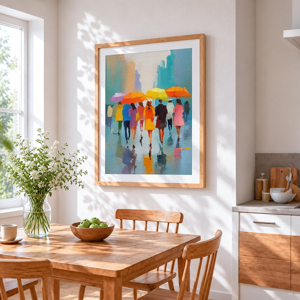 Colourful umbrellas in the rain cross stitch artwork displayed on wall as home decor