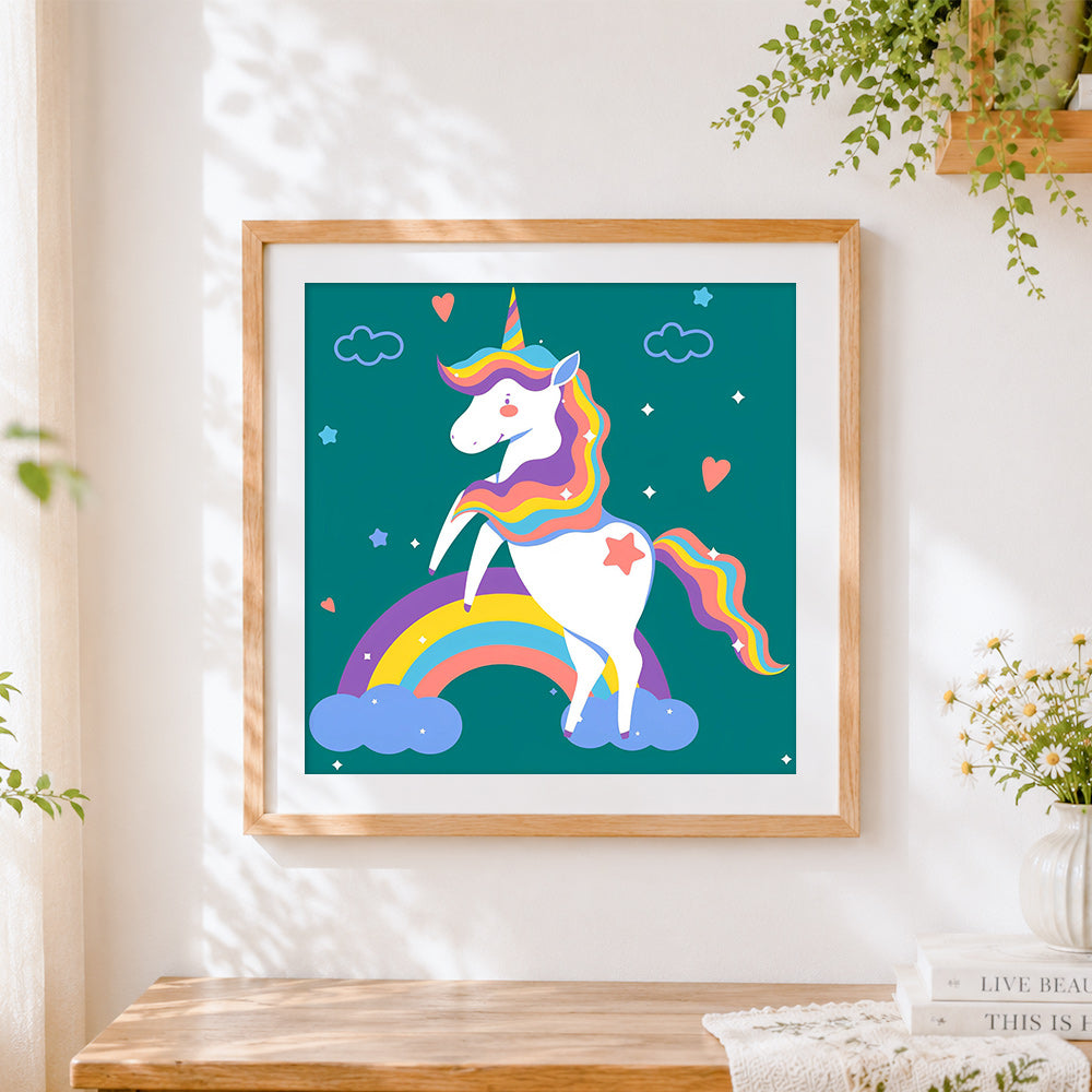 Finished colourful unicorn on a rainbow cross stitch artwork displayed