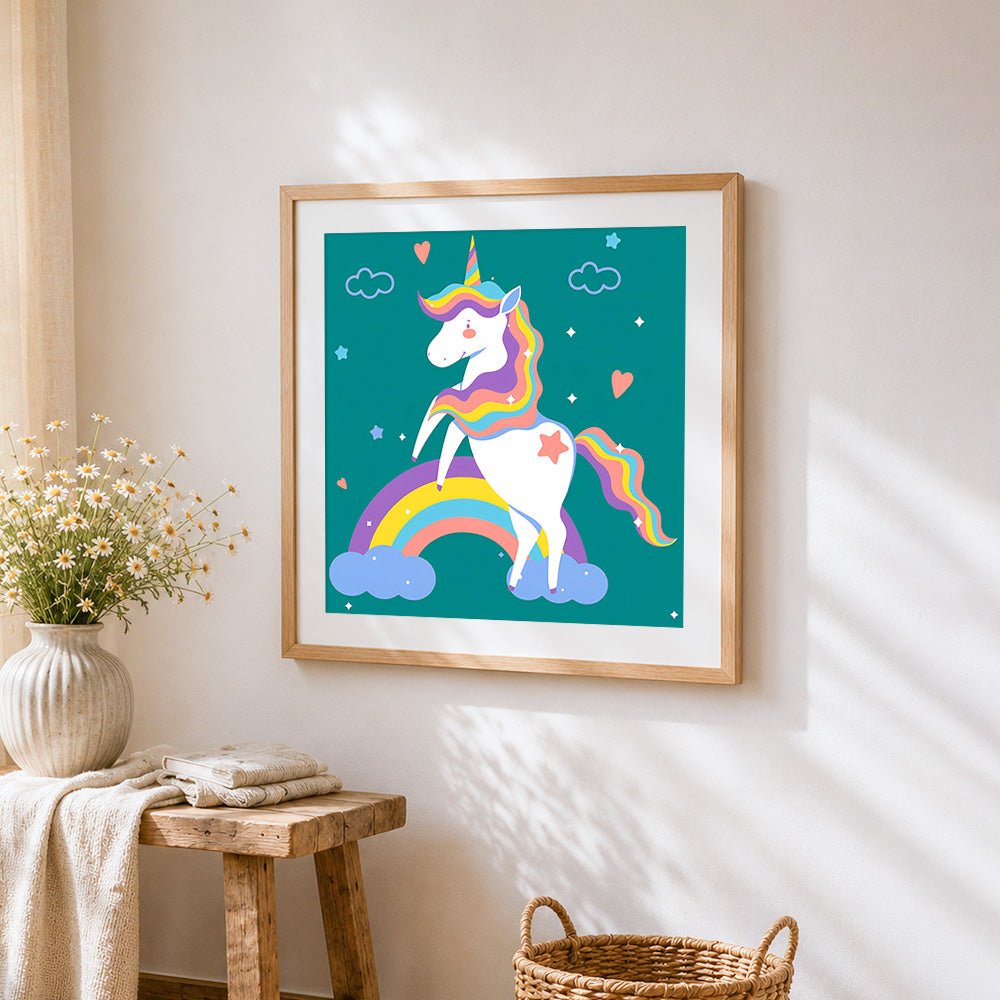 Colourful unicorn on a rainbow cross stitch artwork displayed on wall as home decor