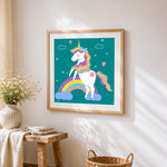 Colourful unicorn on a rainbow cross stitch artwork displayed on wall as home decor