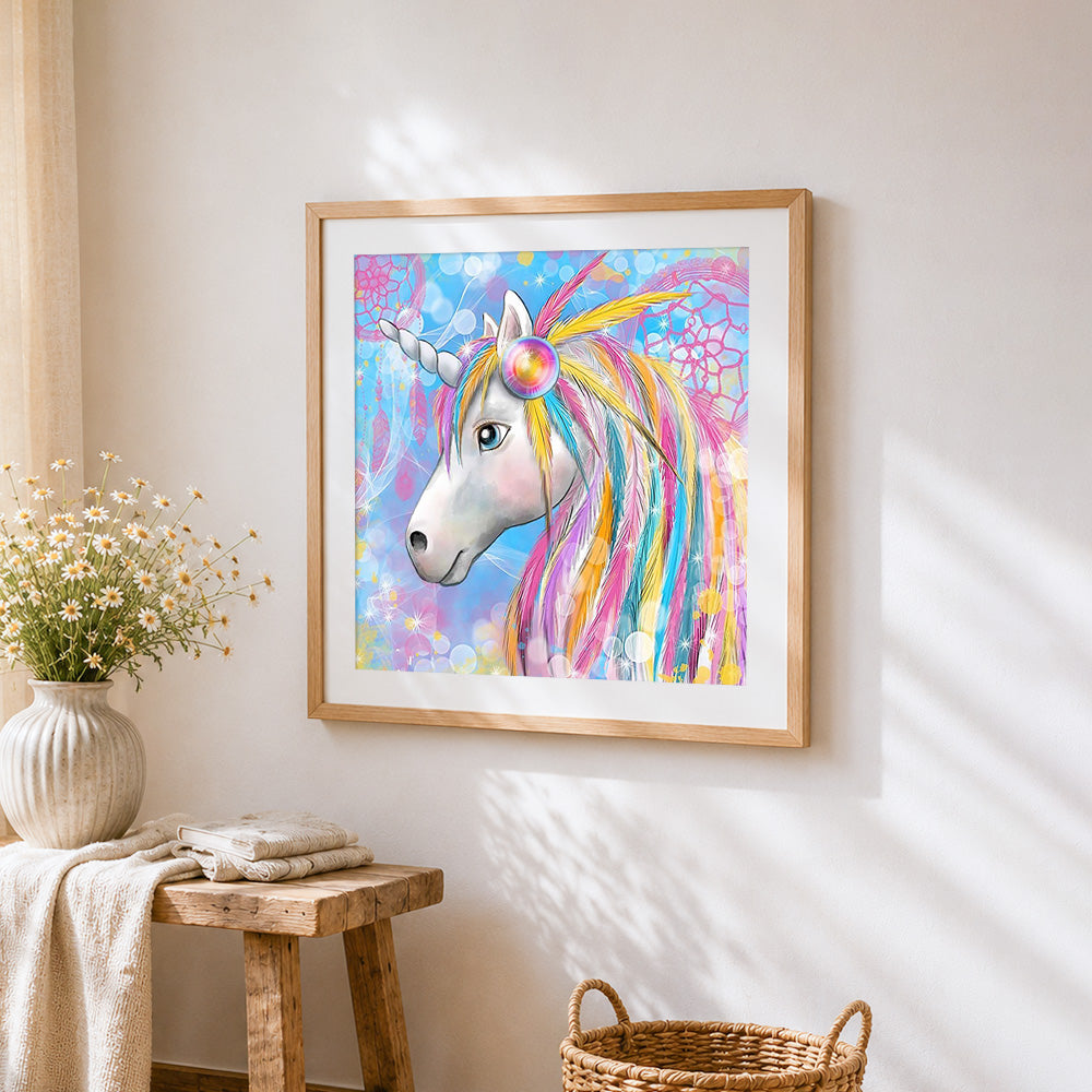 Colourful unicorn with dreamcatcher cross stitch artwork displayed on wall as home decor
