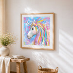 Colourful unicorn with dreamcatcher cross stitch artwork displayed on wall as home decor