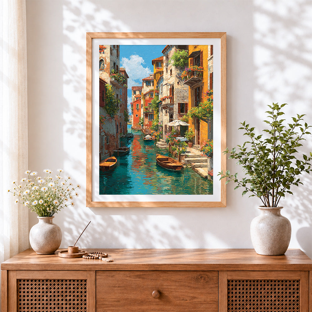 Finished colourful venice canal cross stitch artwork displayed