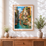 Finished colourful venice canal cross stitch artwork displayed