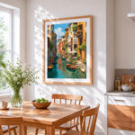 Colourful venice canal cross stitch artwork displayed on wall as home decor