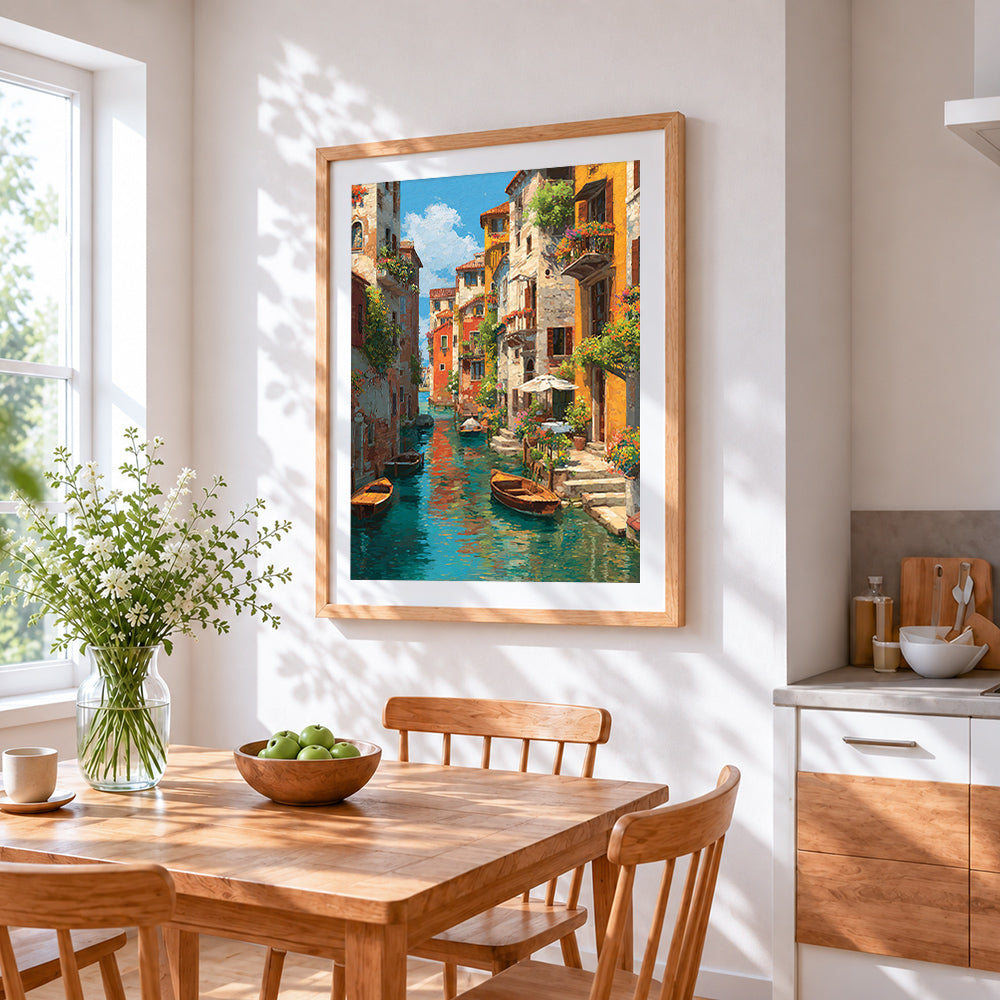 Colourful venice canal cross stitch artwork displayed on wall as home decor