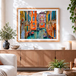 Finished colourful venice canal with gondolas cross stitch artwork displayed