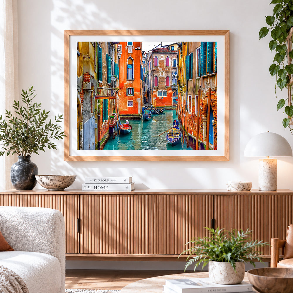 Finished colourful venice canal with gondolas cross stitch artwork displayed