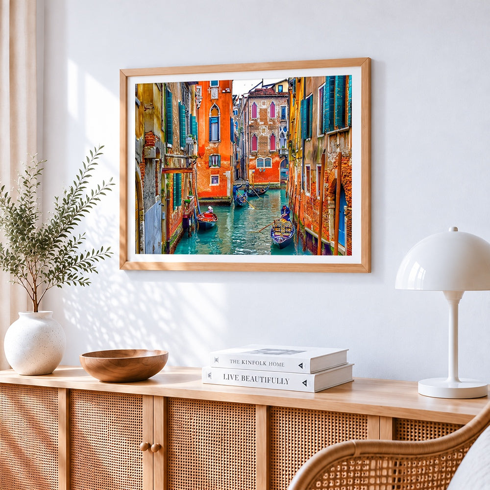 Colourful venice canal with gondolas cross stitch artwork displayed on wall as home decor