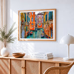 Colourful venice canal with gondolas cross stitch artwork displayed on wall as home decor
