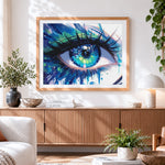 Finished colourful water drop eye paint by numbers artwork displayed as home decor