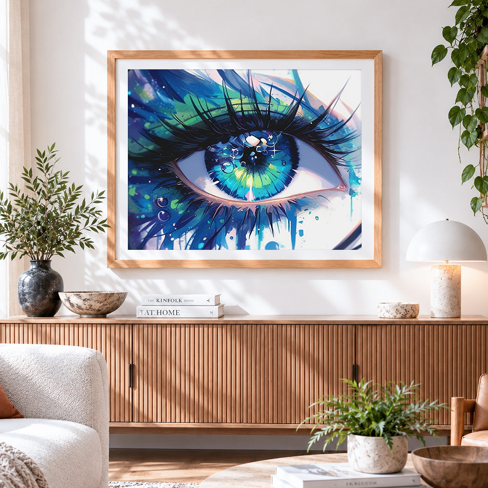 Finished colourful water drop eye paint by numbers artwork displayed as home decor
