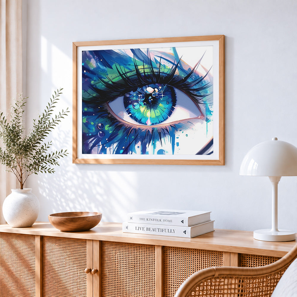 Colourful water drop eye paint by numbers artwork displayed on wall as home decor