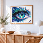 Colourful water drop eye paint by numbers artwork displayed on wall as home decor