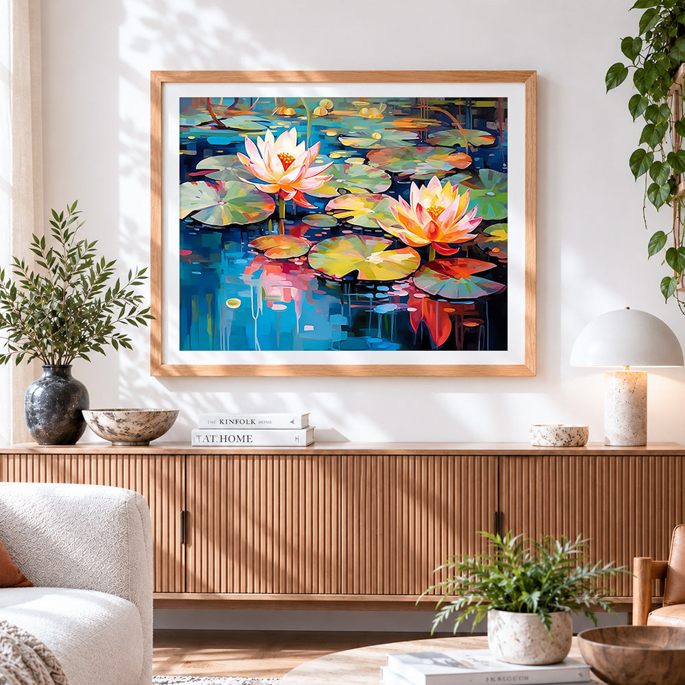 Finished colourful water lilies on a pond paint by numbers artwork displayed as home decor