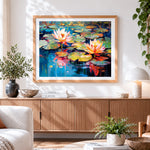 Finished colourful water lilies on a pond paint by numbers artwork displayed as home decor