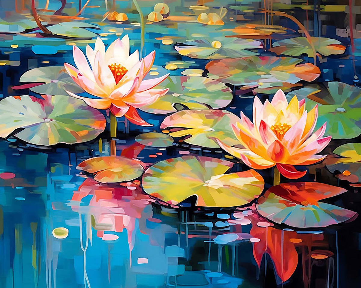 Colourful water lilies on a pond paint by numbers kit for beginners