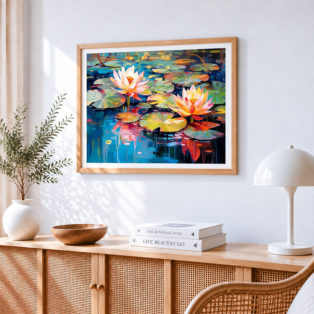 Colourful water lilies on a pond paint by numbers artwork displayed on wall as home decor