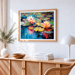 Colourful water lilies on a pond paint by numbers artwork displayed on wall as home decor