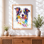 Finished colourful watercolour border collie cross stitch artwork displayed