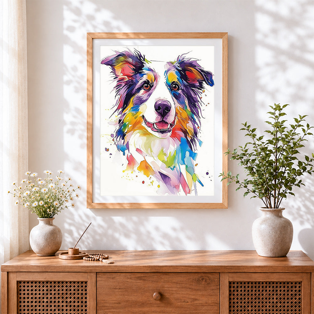 Finished colourful watercolour border collie cross stitch artwork displayed