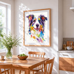 Colourful watercolour border collie cross stitch artwork displayed on wall as home decor