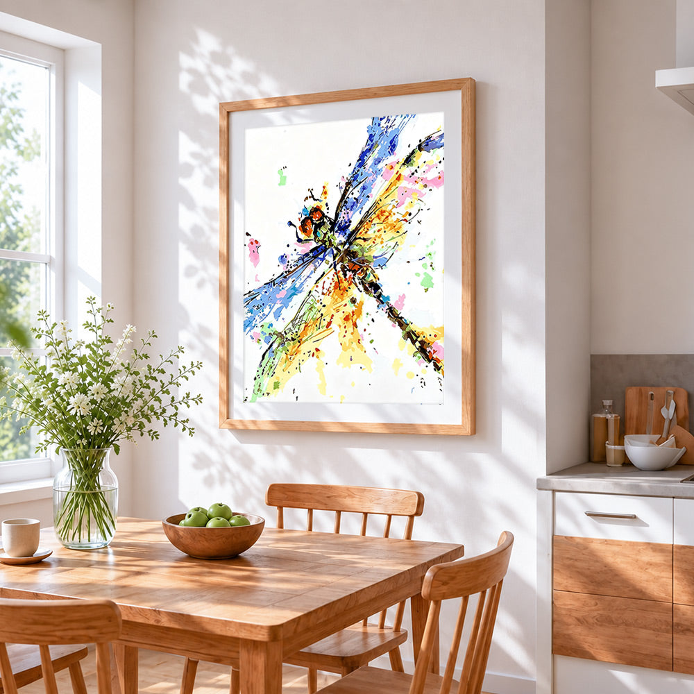 Colourful watercolour dragonfly cross stitch artwork displayed on wall as home decor