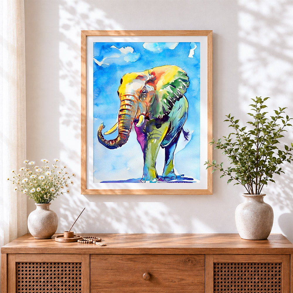 Finished colourful watercolour elephant cross stitch artwork displayed
