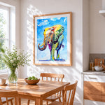 Colourful watercolour elephant cross stitch artwork displayed on wall as home decor