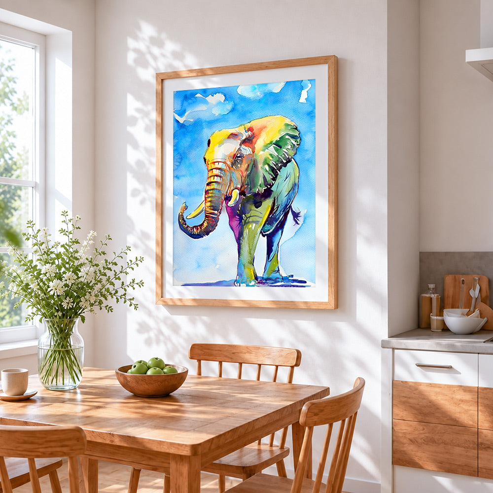 Colourful watercolour elephant cross stitch artwork displayed on wall as home decor