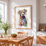 Colourful watercolour floral puppy cross stitch artwork displayed on wall as home decor